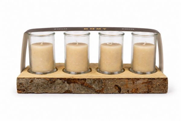 Holzplatte mit 4 Gläser &amp; Kerzen L 39 cm
