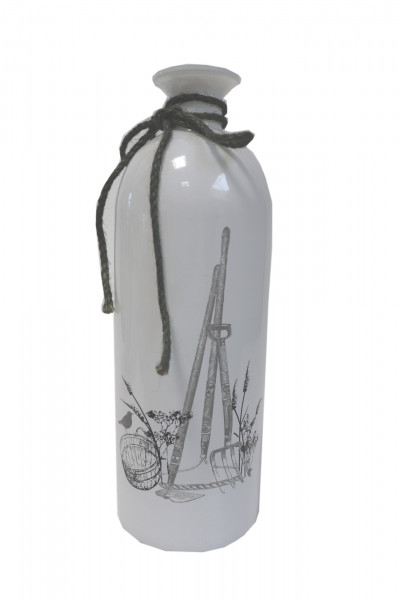 Vase mit Muster + Hanfschlinge Ø9cm H27cm weiss