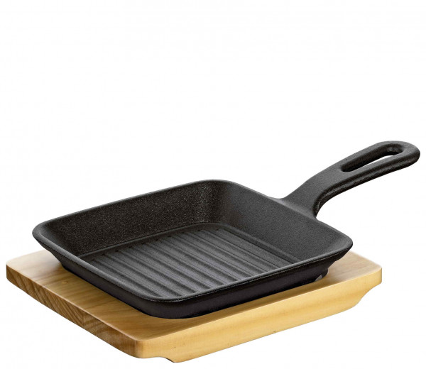 Grill-/Servierpfanne mit Holzbrett eckig 24 cm